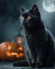 Black Cat Appreciation, cinematic Halloween portrait of amber-eyed black cat with glowing jack-o-lantern and moonlit backdrop, mystical stare and autumn symbolism captured in soft, dramatic seasonal