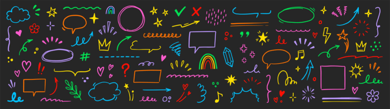 Naklejki Cute line element icon set. Hand drawn heart, star, cloud brush stroke colorful cartoon style. Funny doodle sketch arrow, heart, flower marker decoration for kid art design. Vector illustration