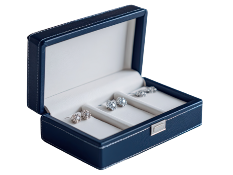 Navy jewelry box with stud earrings