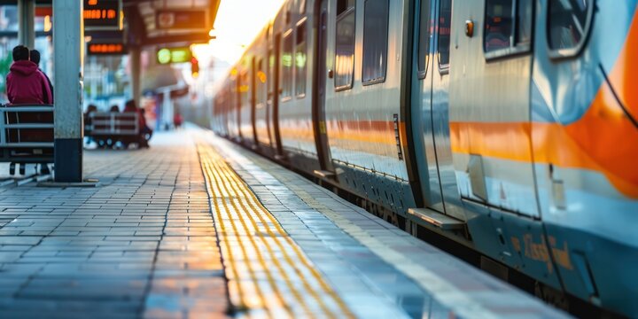 A train station with a passenger train arriving and passengers waiting on the platform.
