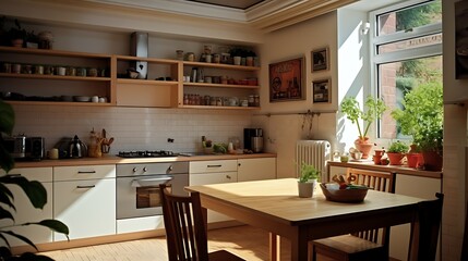 Sunlit kitchen interior with wooden table, open shelves, and plants near the window for a cozy vibe