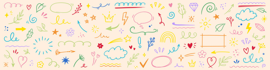 Line icon cute element set. Doodle line color icon decorative arrow, cloud, crown, sparkle and flower. Hand drawn heart, sketchy figure, funny outline and cartoon ribbon for kids. Vector illustration