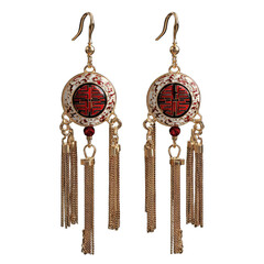 Gold dangle earrings, ornate circular details, red accents, tassels