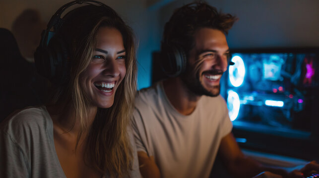A couple wearing headsets laughing while playing video games on a computer