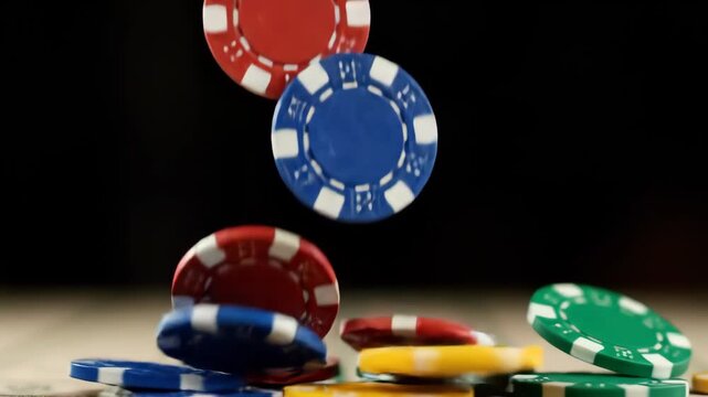 Falling Poker Chips in Vibrant Blue, Red, Yellow, and Green Colors Captured in Motion Against Dark Background Creating Dynamic and Exciting Gambling Visual Effect