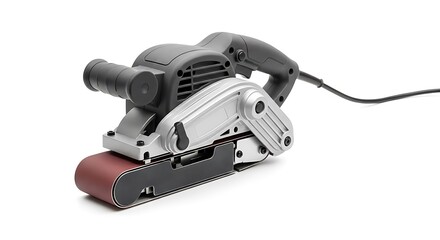 Close up of a belt sander on white background.