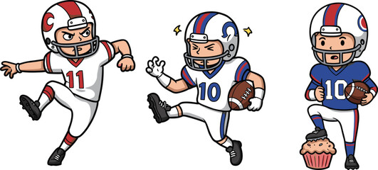 Funny cartoon football players in colorful uniforms kicking and posing with ball, including cupcake scene, vector illustration for sports content