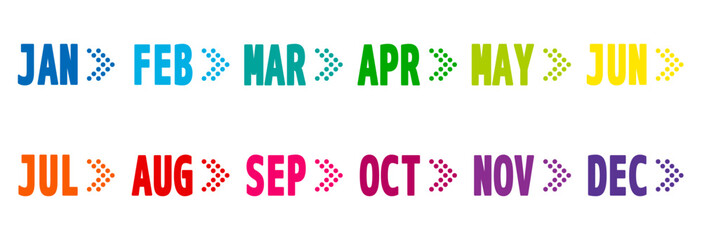 colorful 12 months bullet points, from january to december dotted triangle arrow markers, vector infographics elements