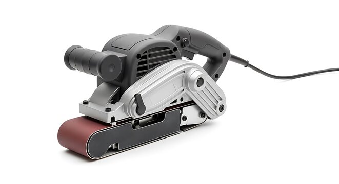 Close up of a belt sander on white background.