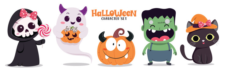 Halloween character clipart set. Cute Halloween character clip art like Grim Reaper, Ghost, Pumpkin, Monster and Cat wearing mascot and costume in scary and funny faces for kids horror party 