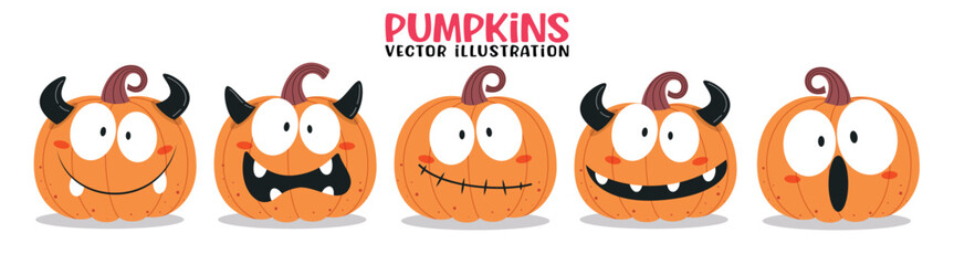 Pumpkins orange cartoon character clipart set. Halloween cute pumpkin faces in funny, evil, silly, sad, spooky and horror emotion clip art collection for Halloween elements design vector illustration.