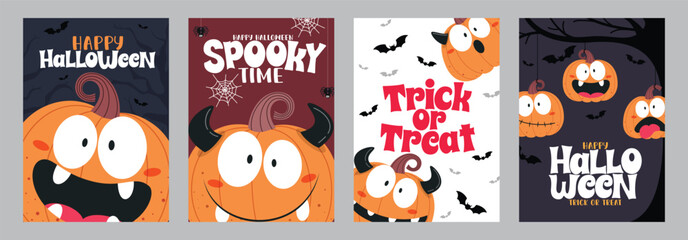 Happy Halloween greeting card clipart poster set. Halloween, spooky and trick or treat text with cute scary pumpkins characters clip art collection for horror invitation card template vector 