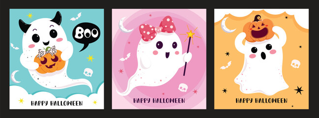 Halloween ghost clipart poster set. Happy Halloween greeting card template with cute and skittish ghost spirit characters clip art collection in blue, pink and yellow background vector illustration.
