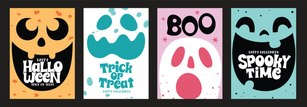 Happy Halloween greeting card poster clipart set. Halloween, trick or treat, boo and spooky text in abstract clip art template collection for horror poster background vector illustration.
