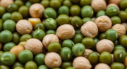 Mixed green and beige lentils closeup