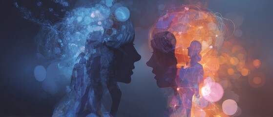 Ephemeral mind: a spectrum of emotions and cognition. Social media community. Visualizing human cognition: a brain illustrated in blue and orange silhouettes. Virtual teamwork icons.