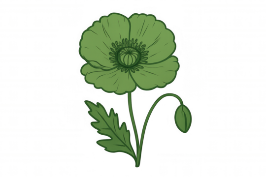 Green poppy flower blooming with bud and leaf, hand-drawn illustration on transparent background