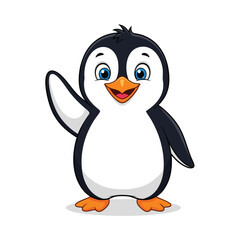 A cheerful cartoon penguin character with big blue eyes standing and waving a friendly greeting.