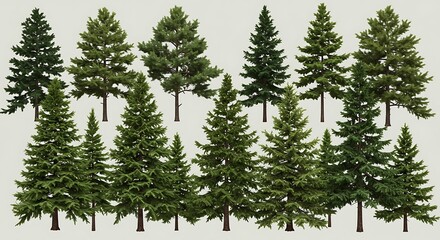 Fototapeta premium A diverse collection of evergreen trees, including pines and firs, isolated on a clean background. Ideal for architectural renders, landscape design, or digital compositions.