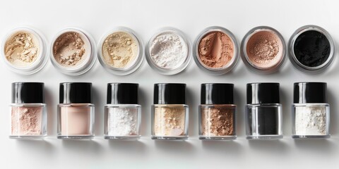 A row of jars containing various shades of makeup, arranged in a neat, organized manner on a white surface.