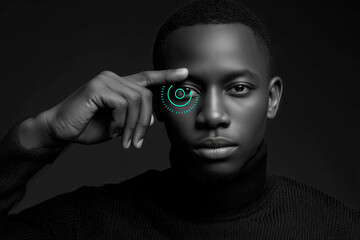 Man with digital eye scanning technology futuristic concept