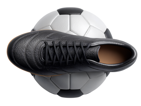 Top-down view black soccer cleat on soccer ball isolated on transparent background PNG. - Powered by Adobe