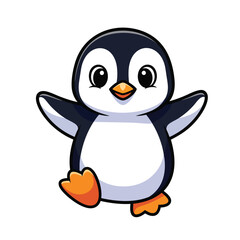 A cute and happy cartoon baby penguin character waving its flippers with a cheerful expression.
