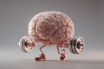 Human Brain lifting silver barbell dumbbells, mental health and intellectual activity, conceptual strength and fitness for intelligence and neuroscience