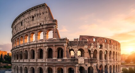 Ancient Colosseum in Rome Italy at Sunset with Golden Sky.