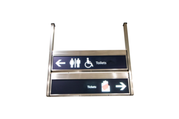 Black signs with white letters and icon symbol for Toilets, Tickets isolated on cutout PNG or transparent background. For route notification service tourists about places.