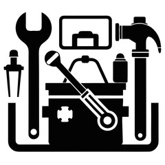 Obraz premium Plumbing tools silhouette toolkit wrench plunger hammer vector