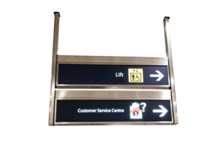 Black sign with white letters and icon symbol for Left, Customer Service Center hanging isolated on cutout PNG or transparent background. Route notification service tourists about places.