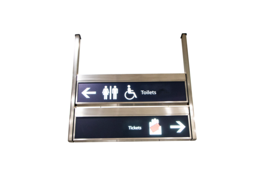 Black signs with white letters and icon symbol for Toilets, Tickets isolated on cutout PNG or transparent background. For route notification service tourists about places.