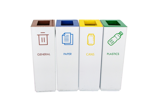 Rubbish bin garbage square shape white plastic with icon isolated on cutout PNG or transparent background. Waste collection equipment in park. Protect environment.