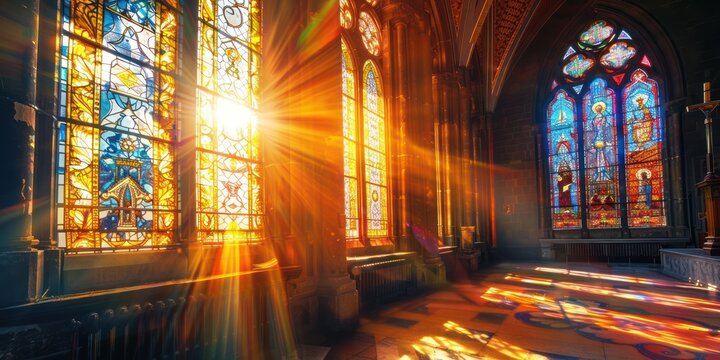 A vibrant, sunlit cathedral interior with stained glass windows and a warm, golden glow