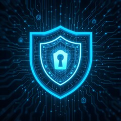 Cyber security digital shield icon glowing on dark background, technology protection concept