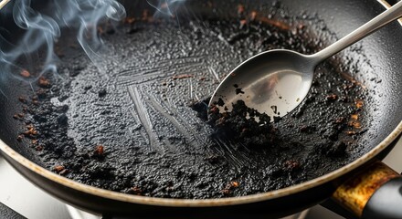 A close-up of a burnt frying pan with charred remnants and rising smoke.