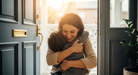 Sun-kissed Welcome: A Mother's Loving Hug at the Front Door