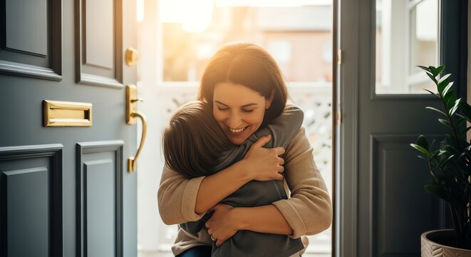 Sun-kissed Welcome: A Mother's Loving Hug at the Front Door - Powered by Adobe