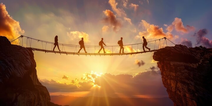 A group of five people walking across a rope bridge over a deep canyon at sunset.