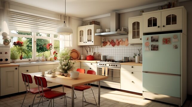 Sunlit kitchen interior with retro appliances and dining space emphasizing warmth and domesticity