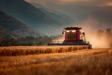 Fototapeta premium Red combine harvester cutting golden wheat field during sunset in rural landscape with distant mountains