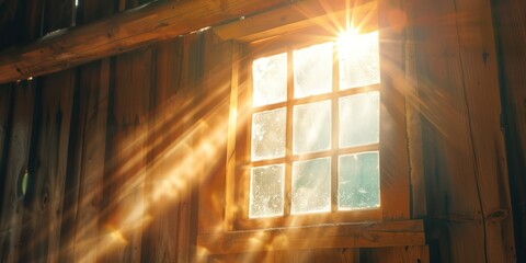 A wooden window with a clear glass pane, casting a beam of sunlight through it, against a wooden wall with a wooden frame.