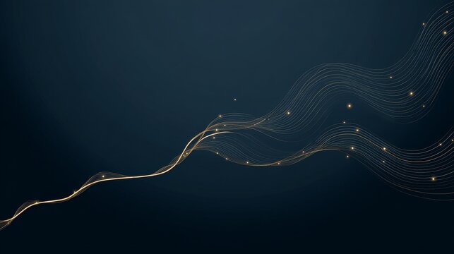 Futuristic branching line with inflection points on sleek navy blue gradient background, multiple gold lines extending in digital abstract pattern, modern technology and network concept illustration