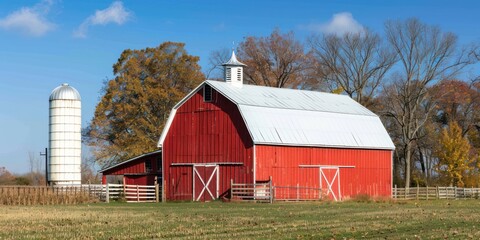 A red barn with a white roof and a white silo in the background, surrounded by a wooden fence and a field of yellow grass.