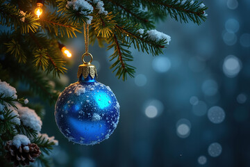 Blue Christmas ornament on a snowy tree branch with glowing lights and bokeh background.