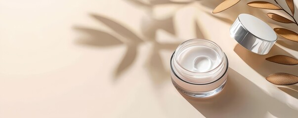 A stylish cosmetic jar placed on a smooth surface, surrounded by soft shadows and elegant foliage, creating a serene and luxurious aesthetic.