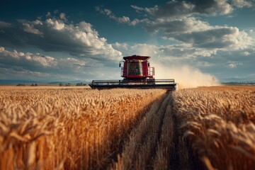 Red combine harvester cutting golden wheat field during sunset in rural landscape with distant mountains
