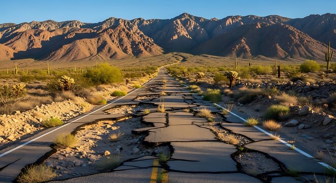 Cracked asphalt road destroyed by an earthquake in a desert landscape.