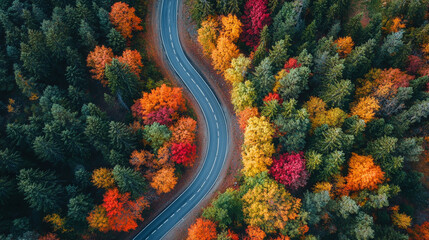 Winding Road Through Vibrant Autumn Forest